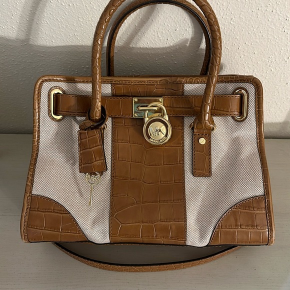 MICHAEL KORS HAMILTON WALNUT BROWN CROC LEATHER CENTER STRIPE SATCHEL - Picture 2 of 11